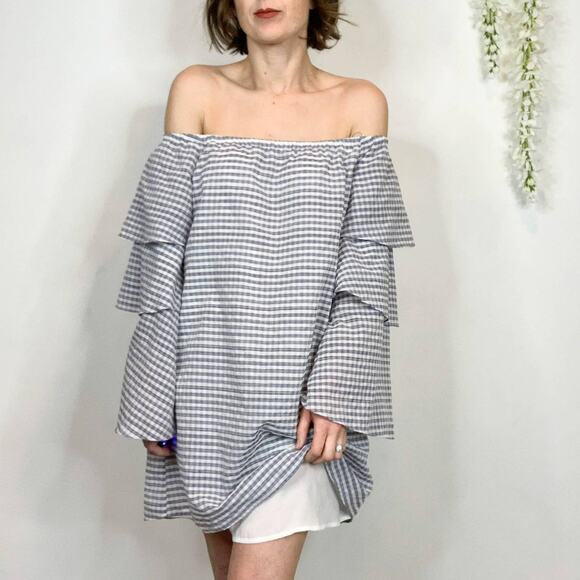 WAYF gingham print picnic dress flared tiered sleeves blue white strapless 3264 - Picture 4 of 12